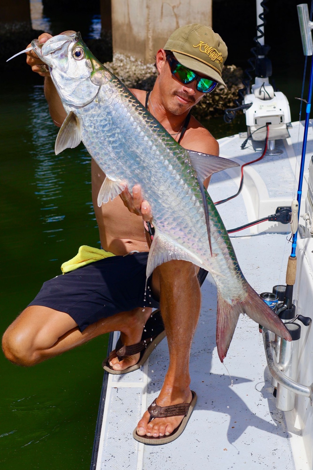 Capt. Trevor Kucia holding a tarpon under a bridge
