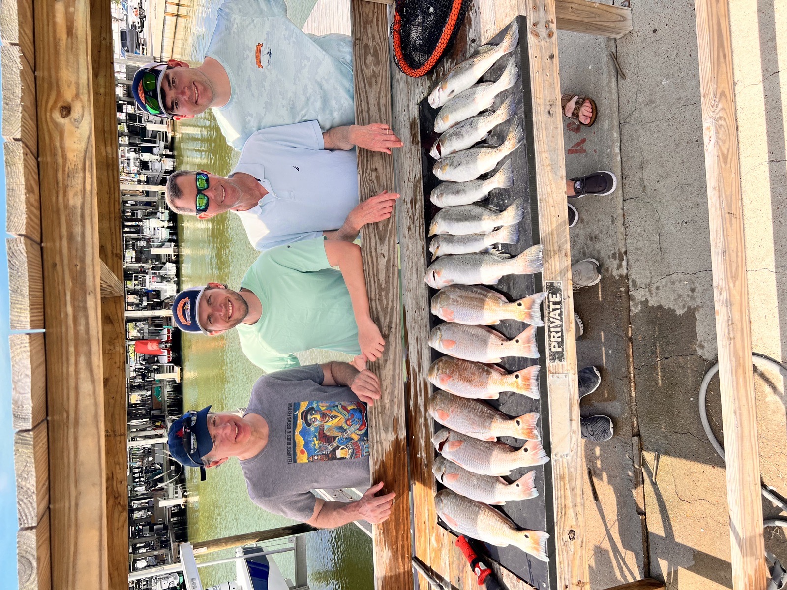 Four anglers behind a table full of redfish and trout